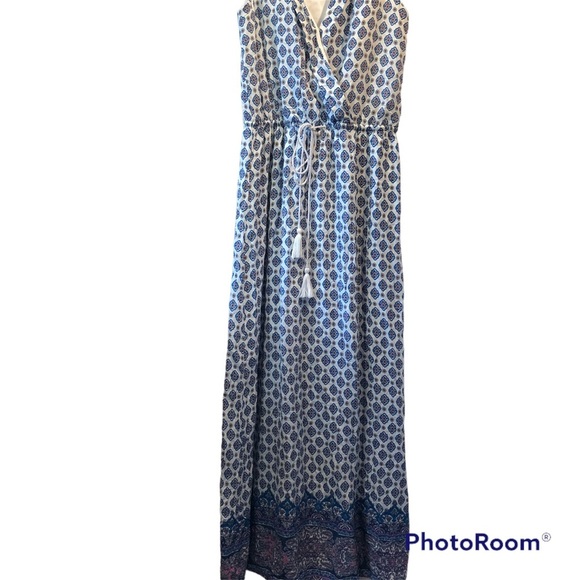 Crescent maxi dress deep v neck aqua paisley print border tassel drawstring M - Picture 1 of 14